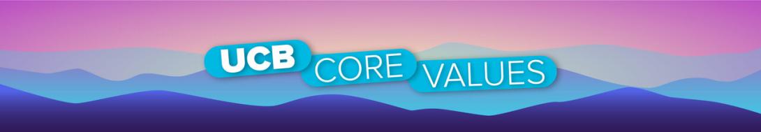 Purple mountains overlaid with core values text
